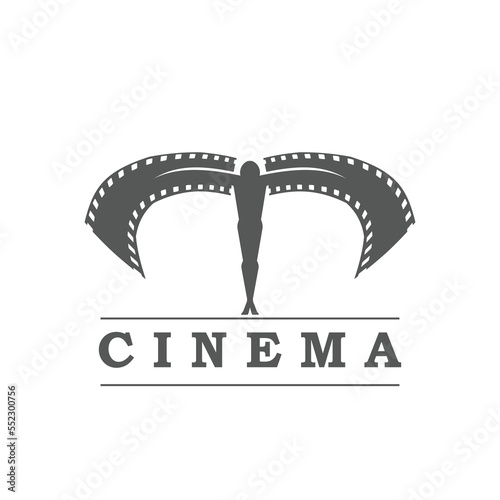 Cinema icon, movie film or cinematograph studio vector emblem with man and filmstrip wings. Cinema production studio or movie theater symbol for cinematography or television channel