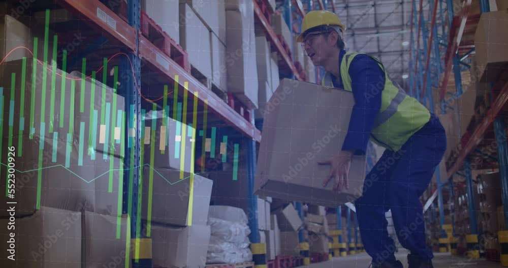 Animation of statistics and data processing over biracial man working in warehouse