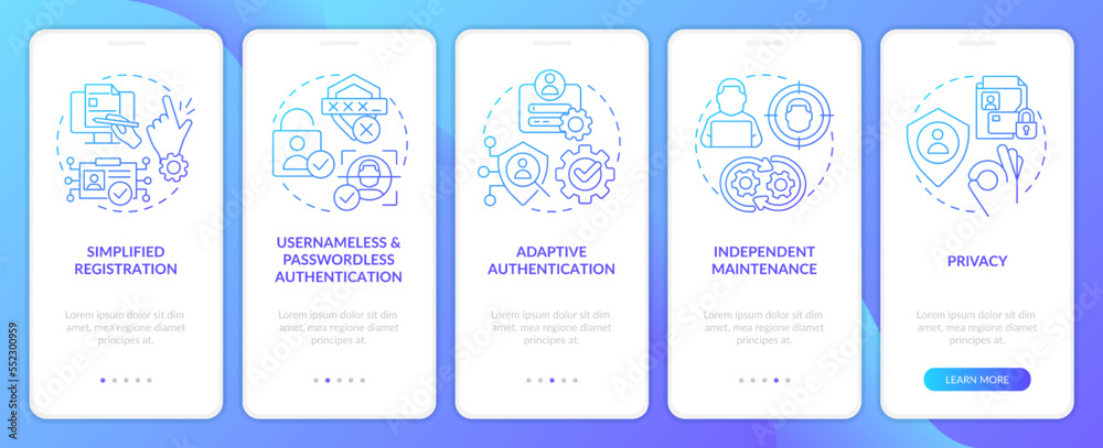 Implementing CIAM benefits blue gradient onboarding mobile app screen. Walkthrough 5 steps graphic instructions with linear concepts. UI, UX, GUI template. Myriad Pro-Bold, Regular fonts used