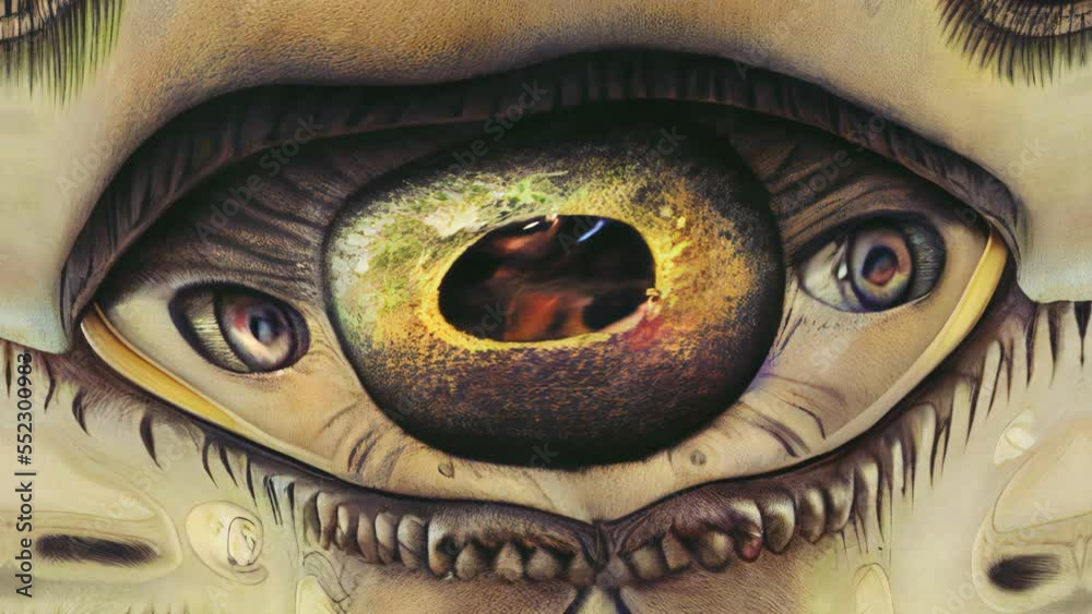 Seamless animation of a psychedelic turbulence illustration of an eye. Surreal background for events and parties.