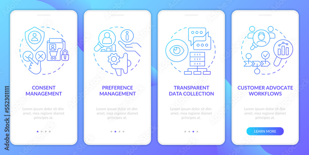 CIAM strategy features blue gradient onboarding mobile app screen. Walkthrough 4 steps graphic instructions with linear concepts. UI, UX, GUI template. Myriad Pro-Bold, Regular fonts used