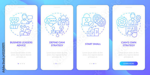 Begin with CIAM blue gradient onboarding mobile app screen. IoT walkthrough 4 steps graphic instructions with linear concepts. UI, UX, GUI template. Myriad Pro-Bold, Regular fonts used photo