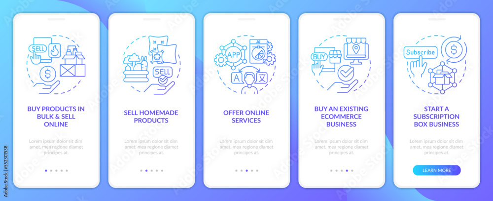 Profitable startup ideas blue gradient onboarding mobile app screen. Walkthrough 5 steps editable graphic instructions with linear concepts. UI, UX, GUI template. Myriad Pro-Bold, Regular fonts used