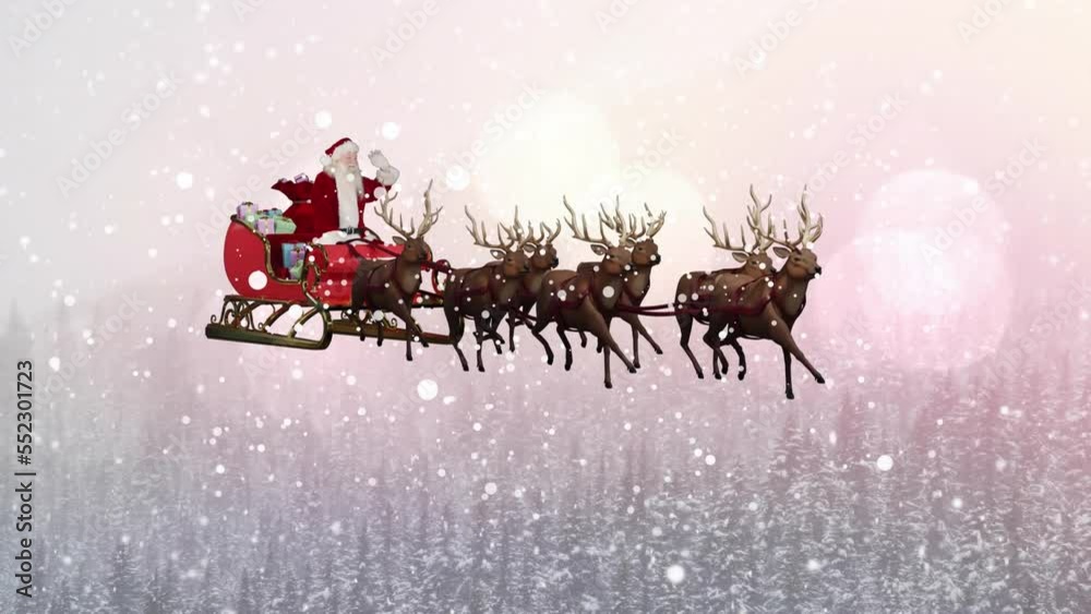 Animation of snow falling over christmas santa claus in sleigh with reindeer