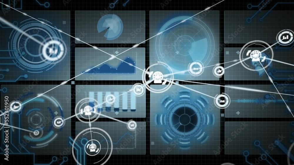 Animation of data processing with network of connections on black background Animation of data processing with network of connections on black background