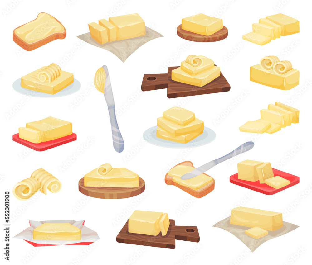 Butterbread Vector Butter Block with Knife for Bread Spreading Big Vector Set Stock Vector ...