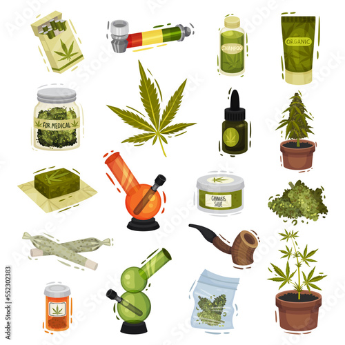 Cannabis Production with Marijuana Leaf, Smoking Pipe and Organic Product Big Vector Set