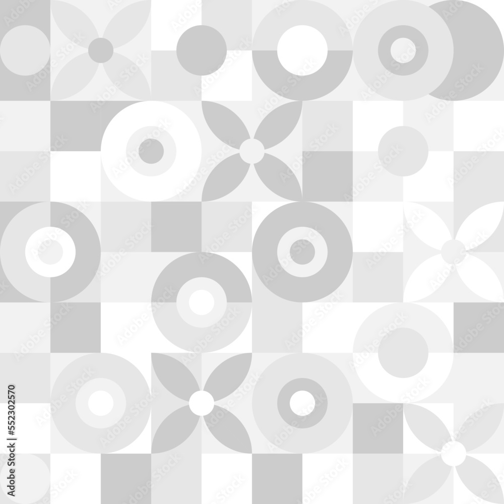 Seamless trendy white background for textiles or covers. Mosaic with gray texture of geometric shapes, template for web intro.
