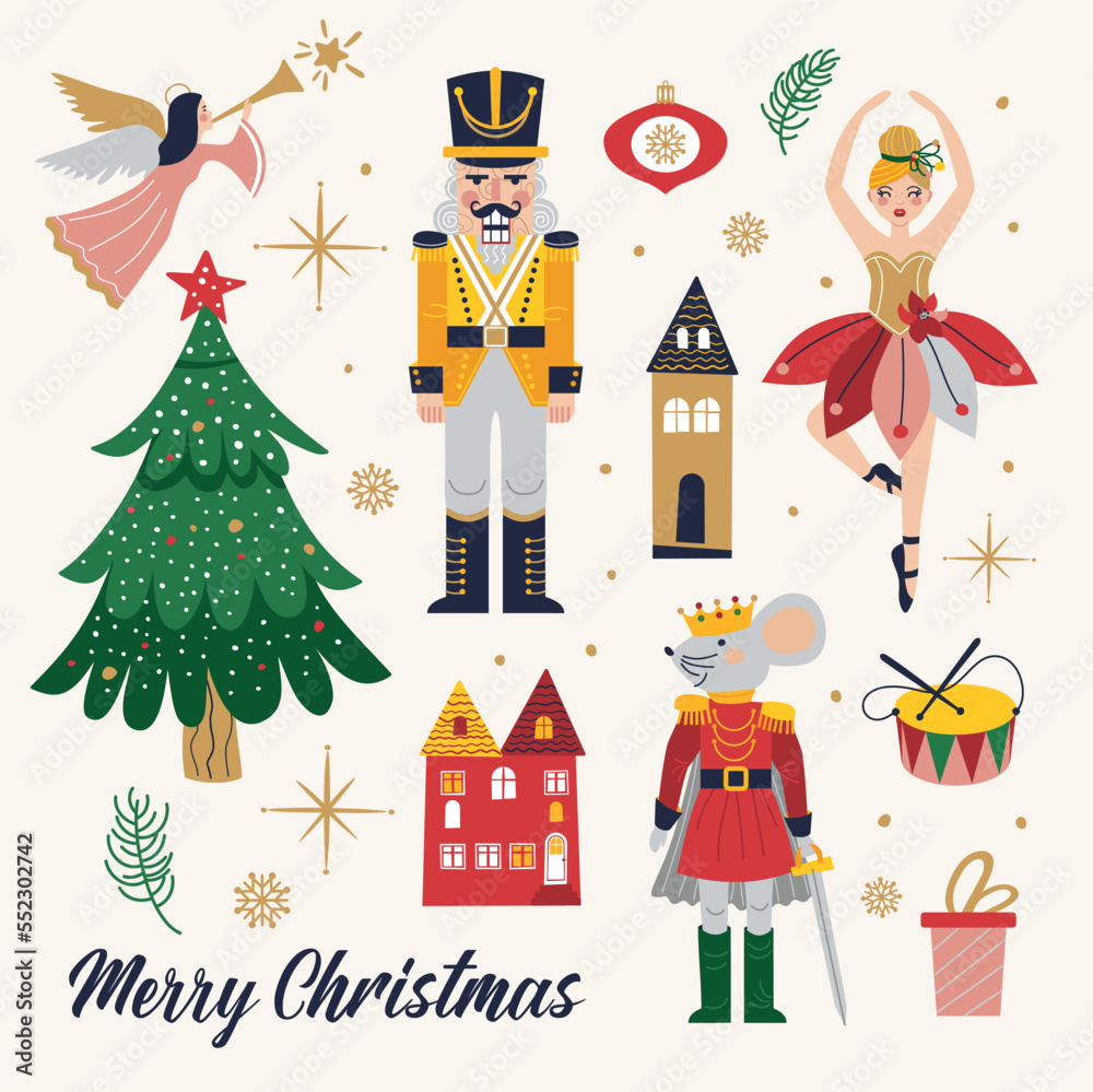 Merry Christmas, New Year set with Ballerina, Mouse King and Nutcracker. Christmas card with three and toys