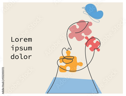 Vector illustration of world autism day.One line drawing with jigsaw puzzle and butterfly. Autism symbolic.