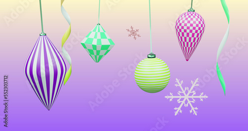 Image of new year and christmas decorations on purple background