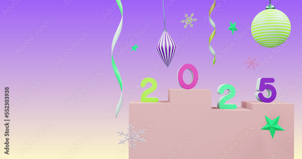 Image of 2025 number over new year and christmas decorations on purple background Image of 2025 number over new year and christmas decorations on purple background