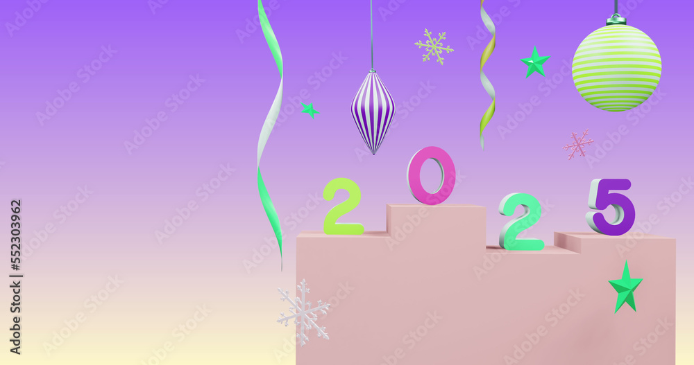 Image of 2025 number over new year and christmas decorations on purple background