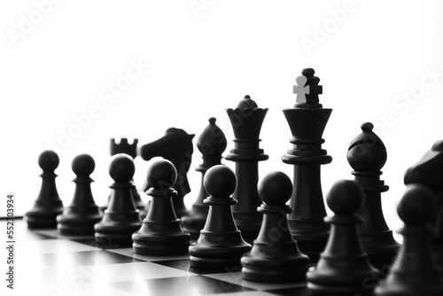 Isolated black Chess army ready for battle on a board with blurred perspective view. Intellectual games and leisure activity concept. Cut out template