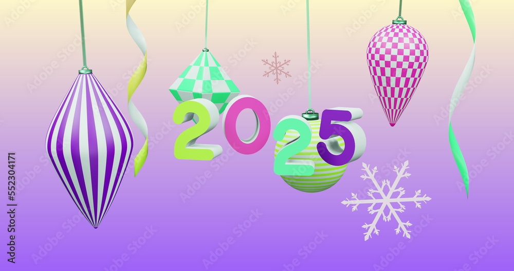 Image of 2025 number over new year and christmas decorations on purple background Image of 2025 number over new year and christmas decorations on purple background