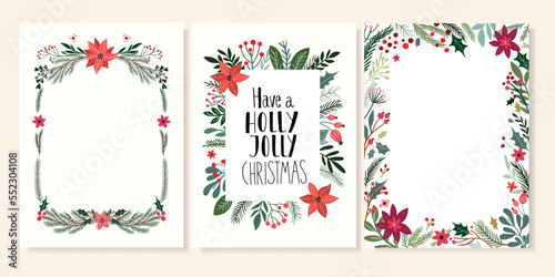 Christmas festive set with party invitation templates decorated with seasonal vegetation, poinsettia, tree branches, holly leaves and berries, decorative winter frames 