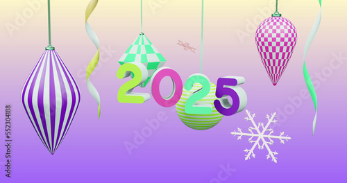 Image of 2025 number over new year and christmas decorations on purple background © vectorfusionart