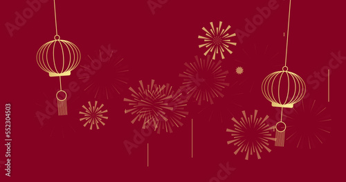 Image of lanterns and fireworks on red backrgound