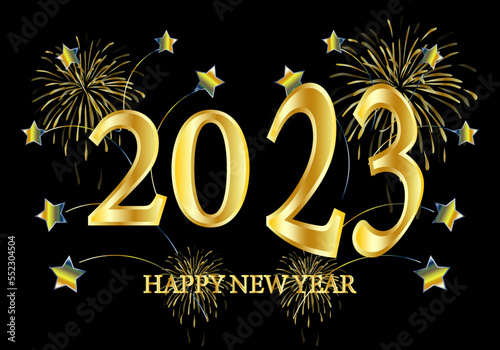 Feliz Año Nuevo 2023 con fuegos artificiales, fuentes y estrellas doradas sobre fondo negro