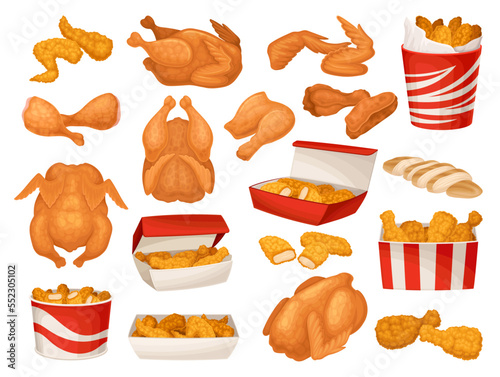 Fast Food Fried Chicken Meat as Crunchy and Crispy Snack Big Vector Set