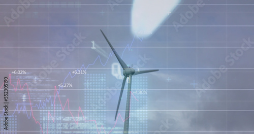 Image of wind turbine turning, data processing and stock exchange graph 