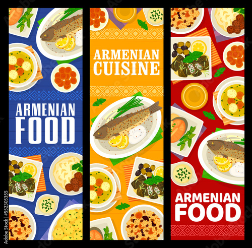 Armenian cuisine banners, food dishes and meals of restaurant, vector. Armenia traditional lunch and dinner food, rice pilaf with lamb meat kofta, mashed potato with stuffed trout and meatball soup