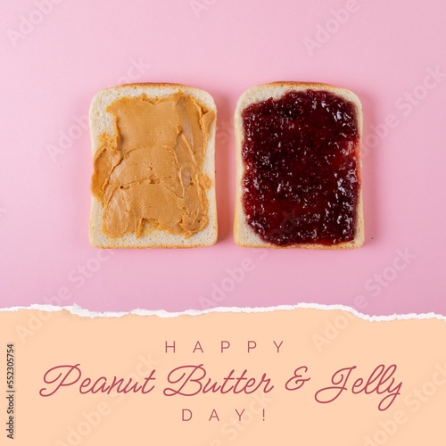 Composition of national peanut butter and jelly day and sandwiches with peanut and jelly