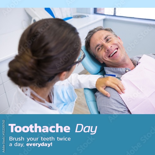 Composition of toothache day text and caucasian female dentist with patient