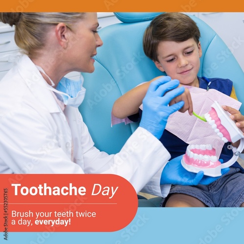 Composition of toothache day text and caucasian female dentist with boy patient