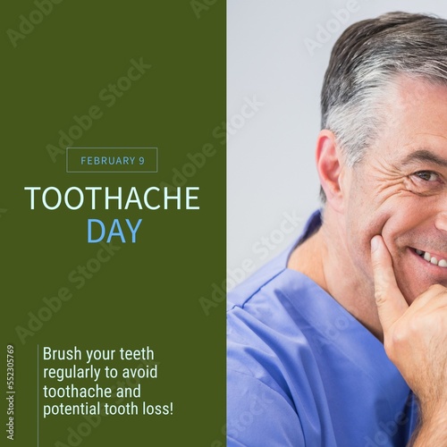 Composition of toothache day text and caucasian male dentist