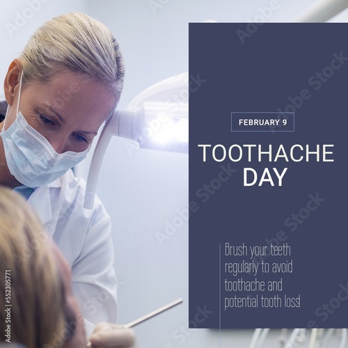 Composition of toothache day text and caucasian female dentist wearing face mask