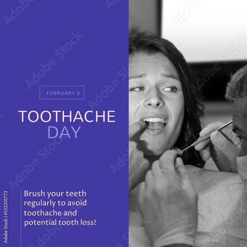Composition of toothache day text and caucasian female patient at dentist