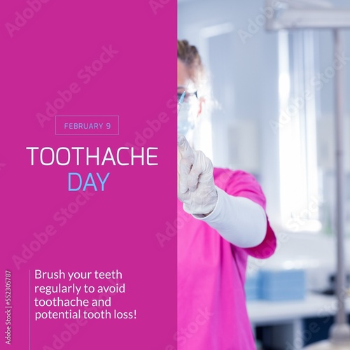 Composition of toothache day text and caucasian female dentist
