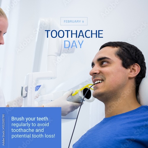 Composition of toothache day text and hispanic male patient at dentist