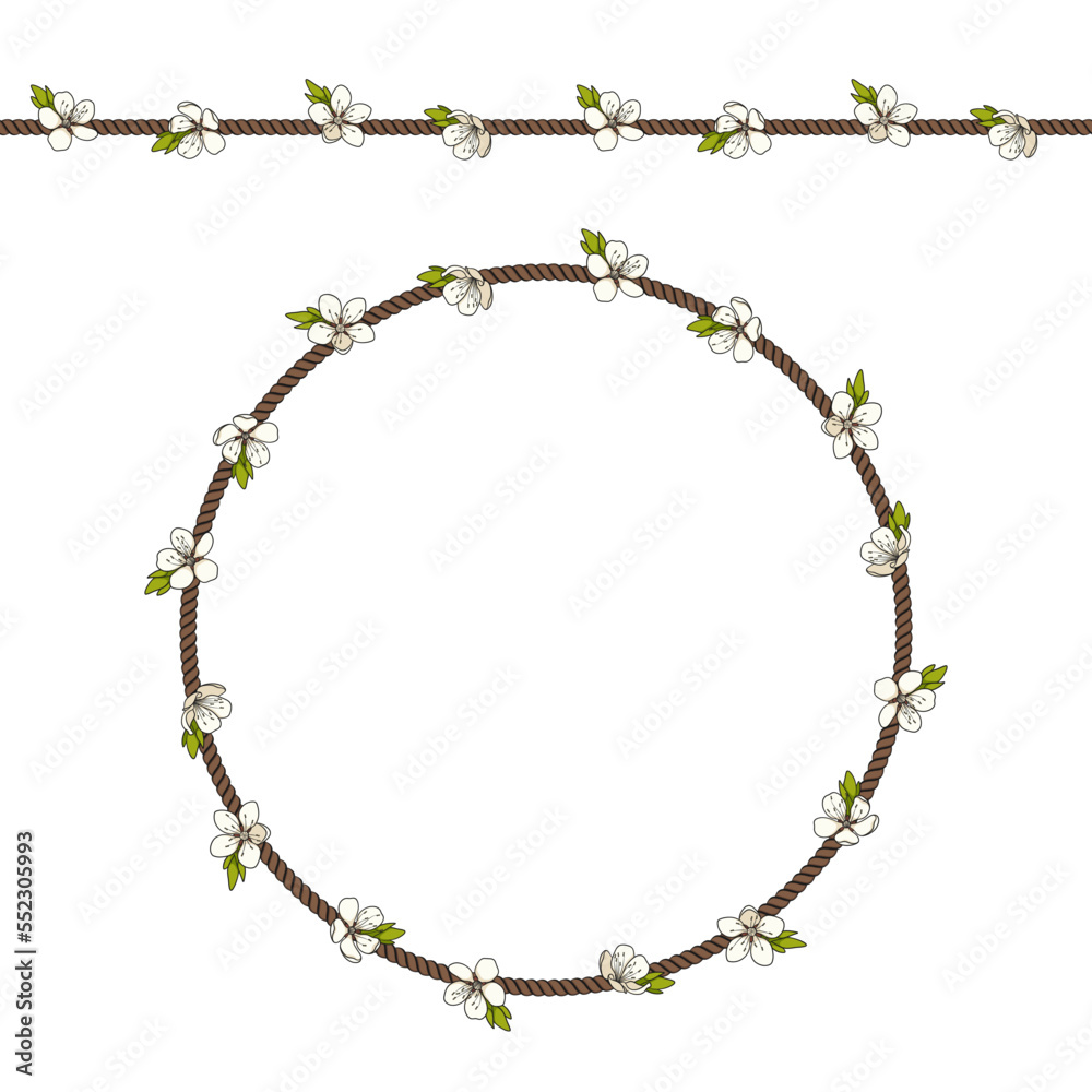 Seamless pattern with net of the cord and white spring flowers. Colored vector background with objects on white. Seamless pattern with net of the cord and white spring flowers. Colored vector background with objects on white.