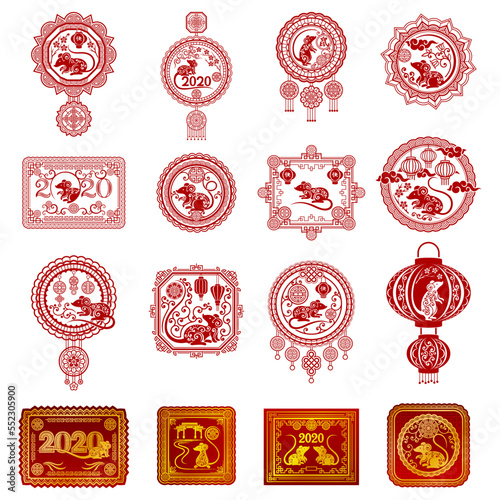 Chinese Mouse Zodiac Signs and Symbol on Stamps Big Vector Set