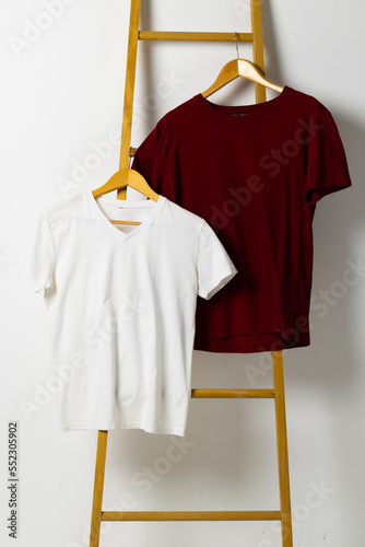 Tshirts displayed on ladder and copy space on white background