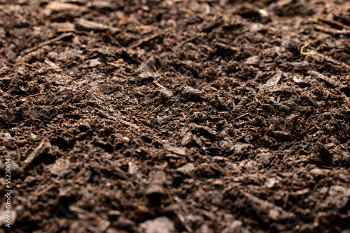 Full frame of dark rich peat soil and bark pieces