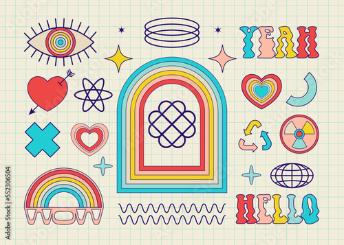Retro y2k elements set. Collection of groovy psychedelic futuristic elements for design. Brutalism shapes, minimalist geometric elements, abstract bauhaus forms.