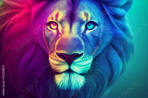 Lion head in bright neon acid colors. Digital illustration