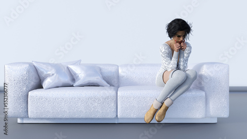 Eie junge Frau sitzt zitternd auf einer gefrorenen Couch