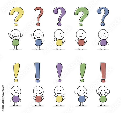 Collection of funny stickman with question mark and exclamation mark symbol. Icon set. Vector