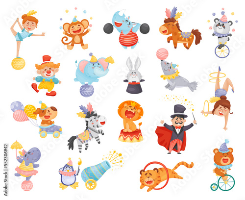 Circus Entertainer and Animals Performing Tricks on Stage Big Vector Set