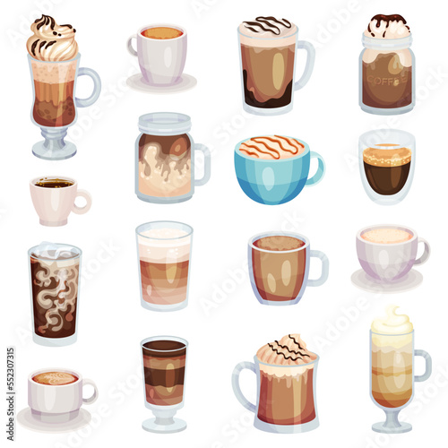 Coffee in Glass and Cups with Foam and Whipped Cream Top Big Vector Set