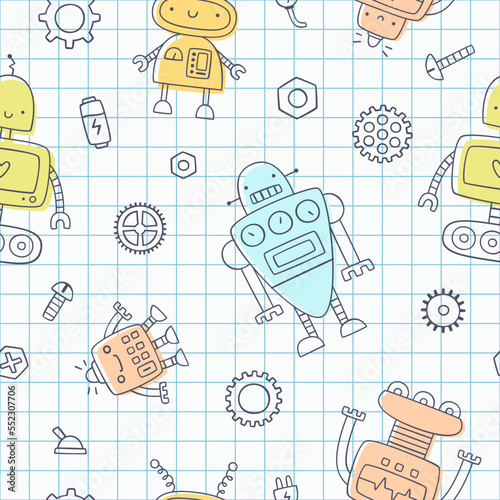 Cute doodle robot pattern drawn on checkered paper. Seamless vector print for baby textile and fabric.