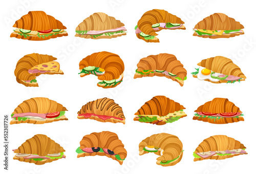 French Crunchy Croissants with Different Stuffing Big Vector Set