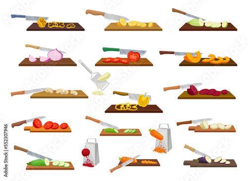 Knife Cutting and Grating Vegetables on Wooden Board Big Vector Set