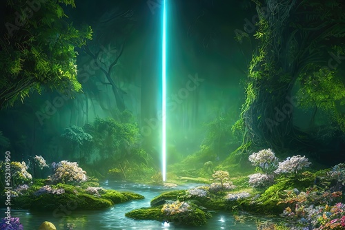 Magical portal with arch made with tree branches in shady green forest. Open door to alternative dimension fantasy scene. 3d artwork  AI