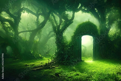 Fototapeta Naklejka Na Ścianę i Meble -  Magical portal with arch made with tree branches in shady green forest. Open door to alternative dimension fantasy scene. 3d artwork, AI