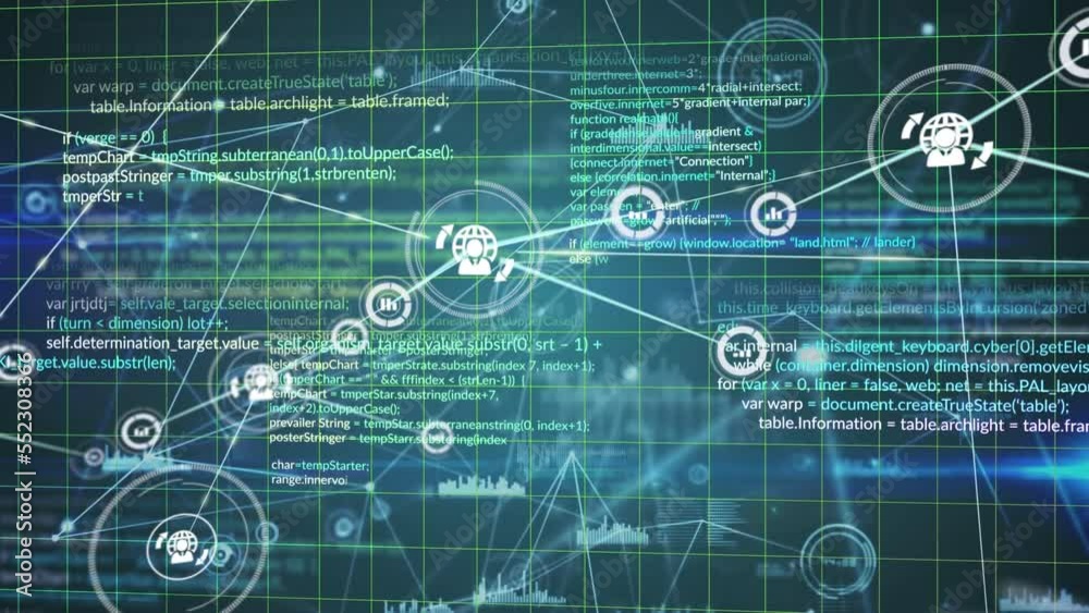 Animation of network of connections with icons over grid
